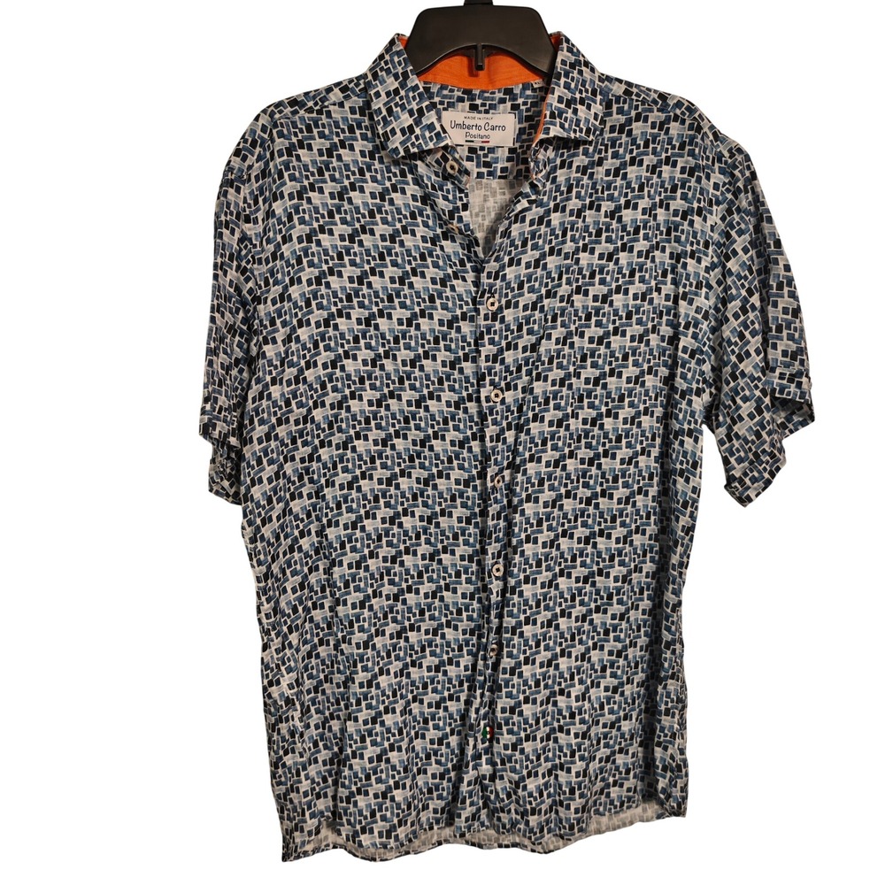 Umberto Carro Positano Mens XL Blue Geometric Mosaic Cotton Button Down Italy